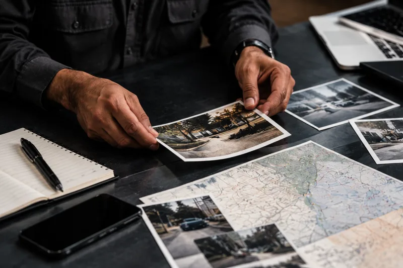 Printed scene photographs and maps being reviewed at a desk