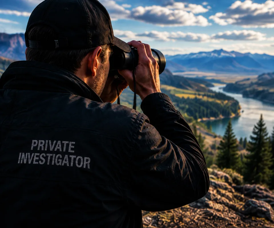 Investigator wearing a jacket marked Private Investigator, using binoculars above a mountain river valley